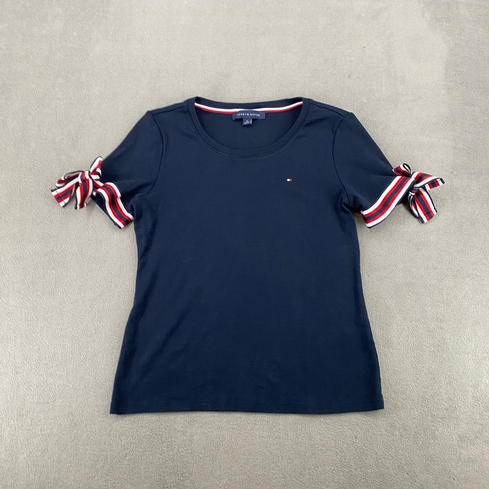Tommy Hilfiger Womens Navy Blue Striped Tie Sleeve Cotton T-Shirt Size M